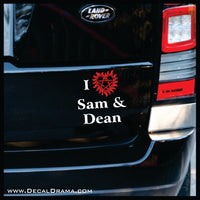 I Love Sam & Dean with anti-possession heart, Supernatural-inspired Fan Art Vinyl Car/Laptop Decal